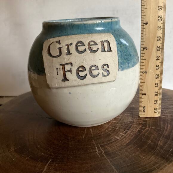 GREENS FEES JAR Ceramic Pottery Cork Stopper Golf Rustic Farmhouse Money Bank - Picture 8 of 10
